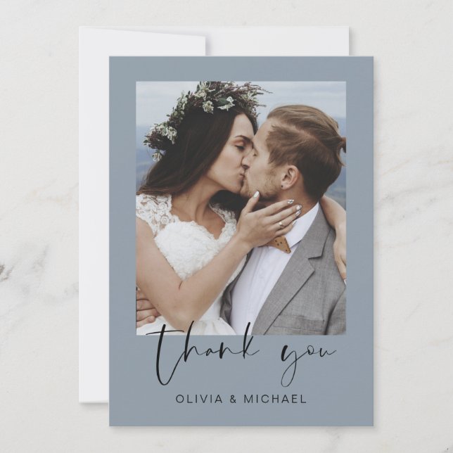 Minimalist Dusty Blue Wedding Thank You Photo (Front)