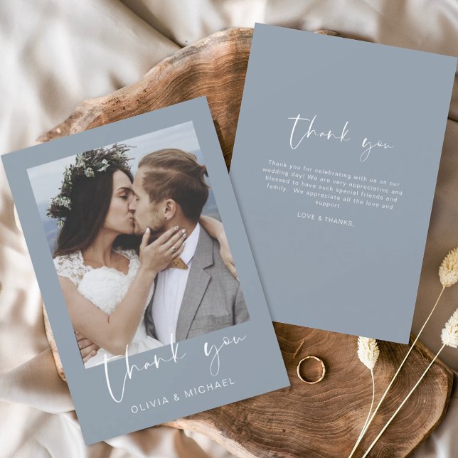 Minimalist Dusty Blue Wedding Thank You Photo Card (Creator Uploaded)