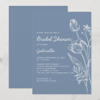 Minimalist Dusty Blue White Bridal Shower Invitation