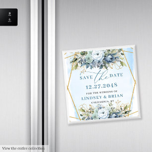 Minimalist Dusty Blue White Peony Save the Date Magnet