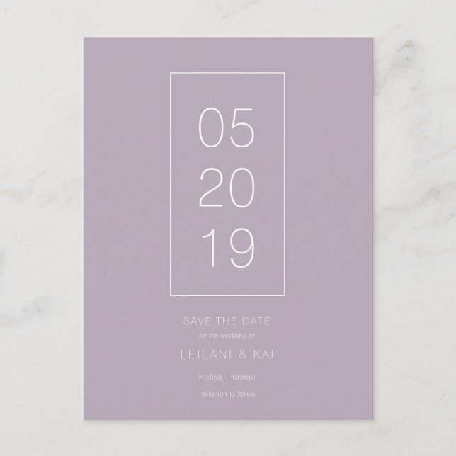 Minimalist Dusty Lilac Save the Date Postcard (Front)
