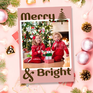 Minimalist Dusty Pink Brown Christmas Tree Photo Holiday Card