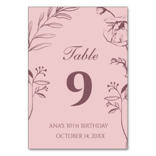 Minimalist Dusty Pink Floral 30th Birthday Table Number