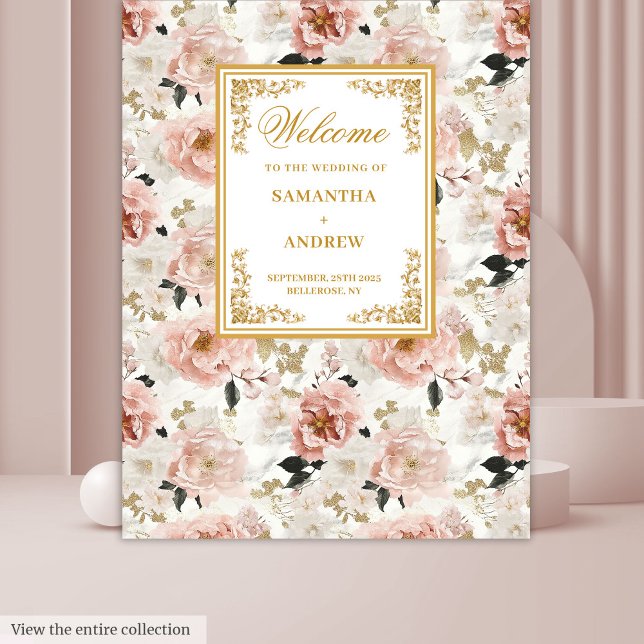 Minimalist dusty pink ivory floral wedding banner tapestry (Minimalist dusty pink ivory floral wedding banner Tapestry)