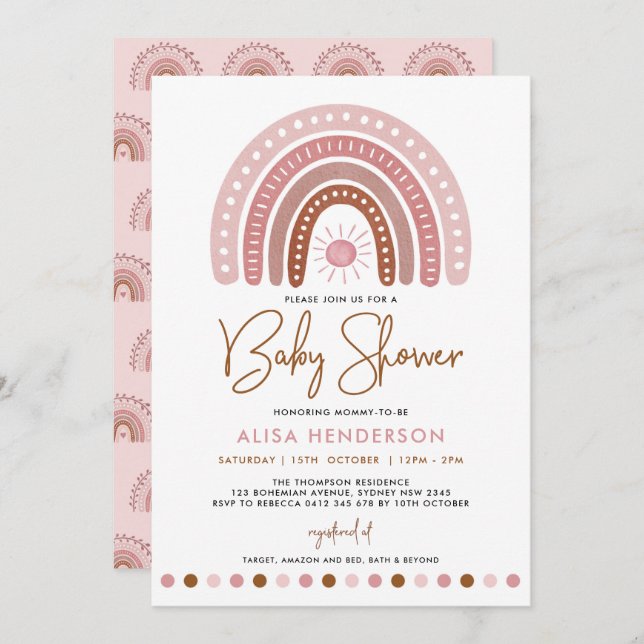 Minimalist Dusty Pink Rainbow Sunshine Baby Shower Invitation (Front/Back)