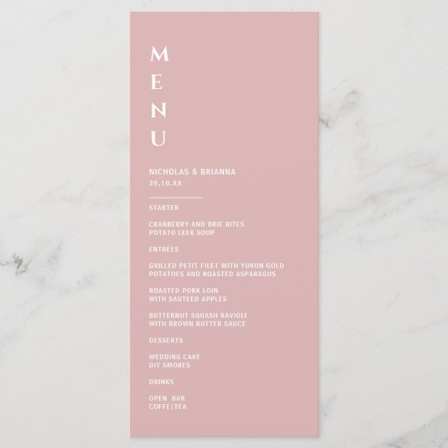 Minimalist Dusty Pink Wedding Menu (Front)
