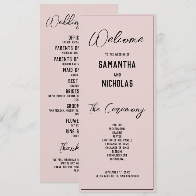 Minimalist Dusty Pink Wedding Program (Front/Back)
