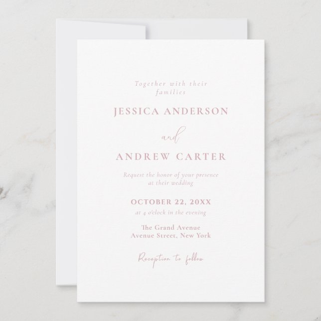 Minimalist Dusty Pink & White Simple Wedding Invitation (Front)