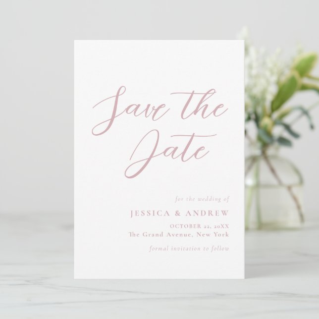 Minimalist Dusty Pink & White Simple Wedding Save The Date (Standing Front)
