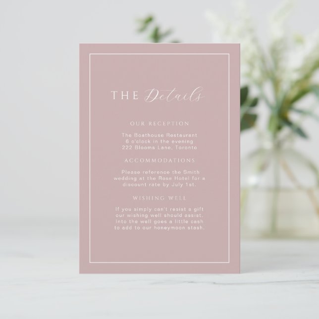 Minimalist Dusty Rose Blush Wedding Details Insert (Standing Front)