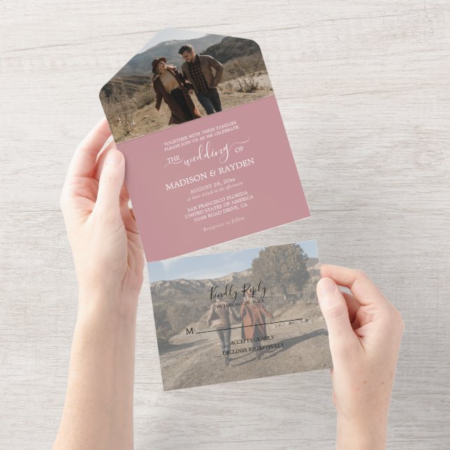 Minimalist Dusty Rose Wedding All In One Invitation (Tearaway)