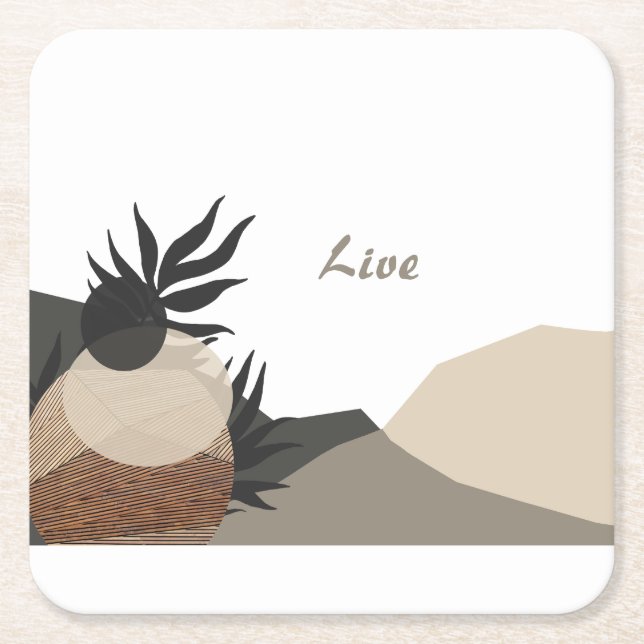 Minimalist Earth Tones Boho "Live"  Square Paper Coaster (Front)