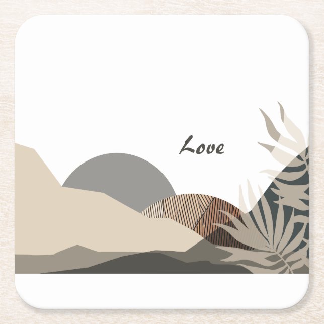 Minimalist Earth Tones Boho "Love"  Square Paper Coaster (Front)