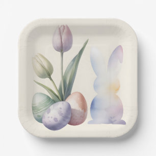 Minimalist Easter Motif with Tulips and a Bunny Paper Plate