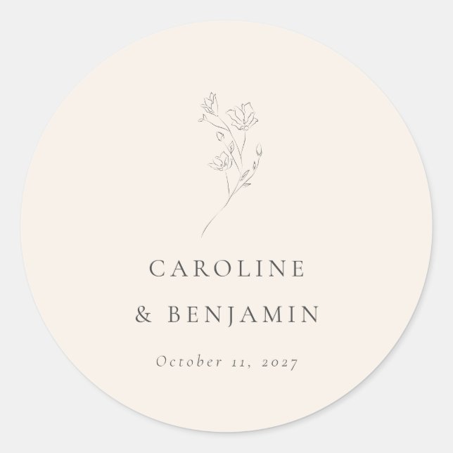 Minimalist Ecru Floral Line Art Wedding Custom Classic Round Sticker (Front)
