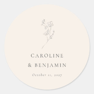 Minimalist Ecru Floral Line Art Wedding Custom Classic Round Sticker