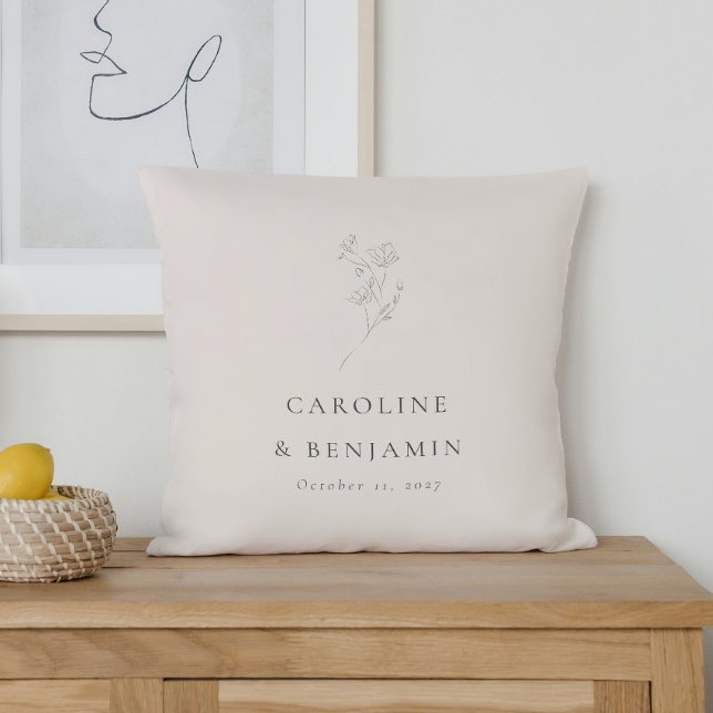 Minimalist Ecru Floral Line Art Wedding Custom Cushion (Creator Uploaded)