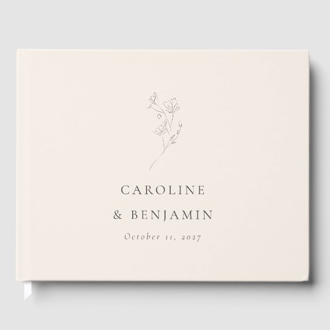 Minimalist Ecru Floral Line Art Wedding Custom Guest Book (Front)