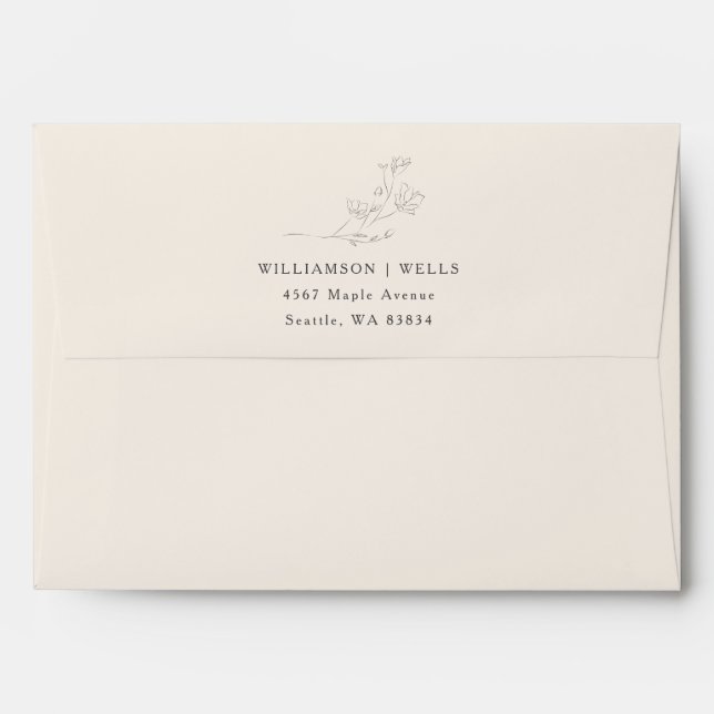 Minimalist Ecru Floral Line Wedding Return Address Envelope (Back (Top Flap))