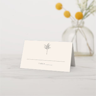 Minimalist Ecru Palm Tree Line Art Coastal Wedding Place Card