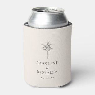 Minimalist Ecru Palm Tree Line Art Custom Wedding Can Cooler