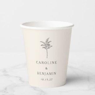 Minimalist Ecru Palm Tree Line Art Custom Wedding Paper Cups