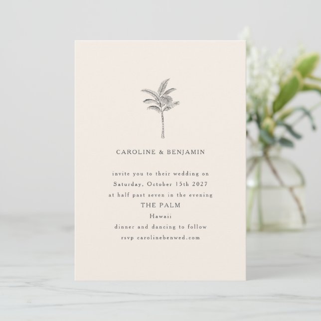 Minimalist Ecru Palm Tree Line Art Elegant Wedding Invitation (Standing Front)