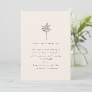 Minimalist Ecru Palm Tree Line Art Elegant Wedding Invitation