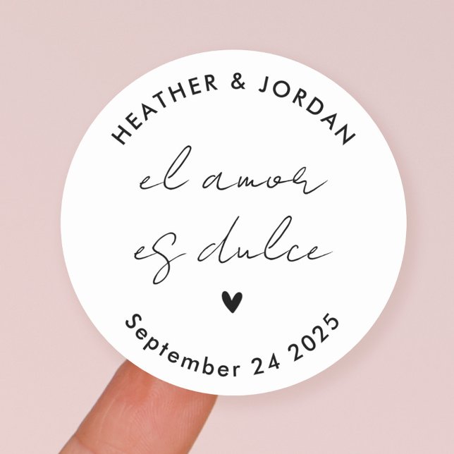 Minimalist El Amor es Dulce Wedding Party Favour Classic Round Sticker (Creator Uploaded)