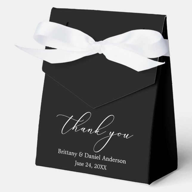 Minimalist Elegance Calligraphy Wedding Bow Black Favour Box (Front)