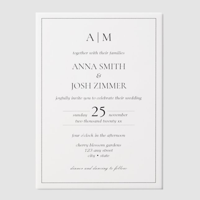 Minimalist Elegant B&W Classic Wedding  Vellum Invitations (Front)