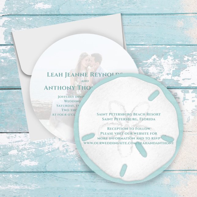 Minimalist Elegant Beach Tropical Sand Dollar Invitation (Beach Sand Dollar circle invitation. With turquoise lettering.)