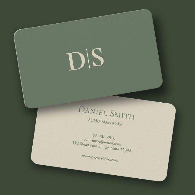 Minimalist Elegant Beige on Muted Green Initials Business Card (Minimalist Elegant Beige on Muted Green Initials Business Card)