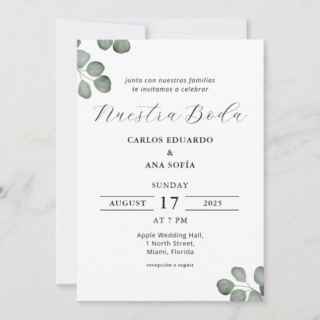 Minimalist Elegant Bilingual Spanish Wedding Invitation (Front)