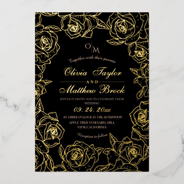 Minimalist Elegant Black and gold Flowers Wedding (Front)