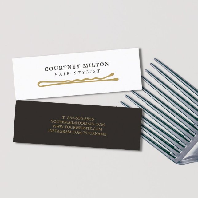 Minimalist Elegant Black Faux Gold Hair Stylist Mini Business Card (Creator Uploaded)