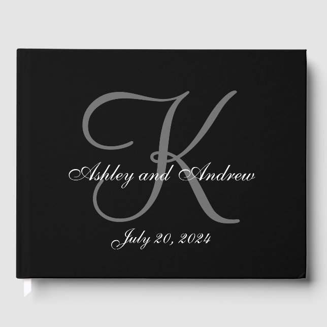 Minimalist Elegant Black Grey Monogram Wedding Guest Book (Front)