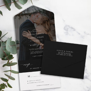 Minimalist elegant black photo wedding all in one invitation
