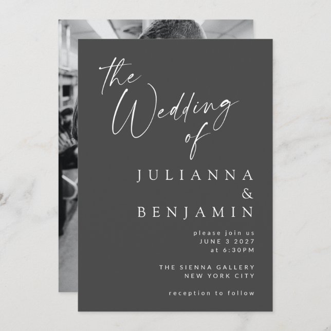 Minimalist Elegant Black Script Photo Wedding  Invitation (Front/Back)
