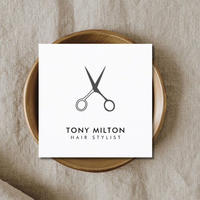 Minimalist Elegant Black White Scissor Hairstylist Square Business Card (Creator Uploaded)