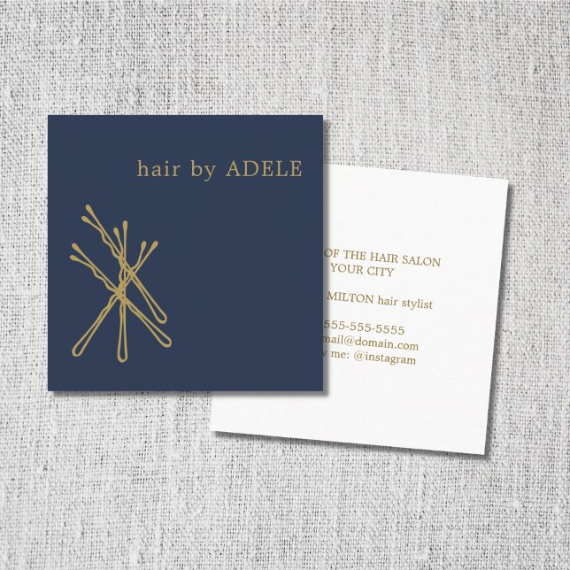 Minimalist Elegant Blue Golden Hair Pins Square Business Card (Creator Uploaded)