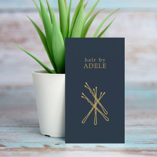 Minimalist Elegant Blue Golden Pins Hair Stylist Business Card
