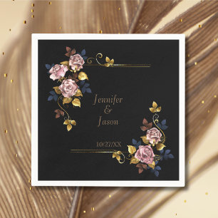 Minimalist Elegant Boho Black Gold Floral Wedding Napkin