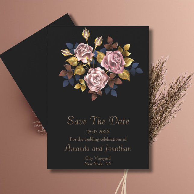 Minimalist Elegant Boho Black Gold Floral Wedding Save The Date (Creator Uploaded)