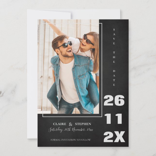 Minimalist Elegant Bold Font White Black  Wedding Save The Date (Front)