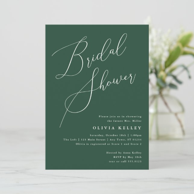 Minimalist Elegant Bridal Shower Deep Green Invitation (Standing Front)