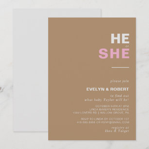 Minimalist Elegant Brown He or She Gender Reveal  Invitation