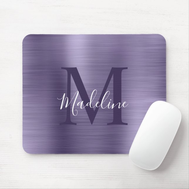 Minimalist Elegant Brushed Metal Purple Monogram Mouse Pad (With Mouse)