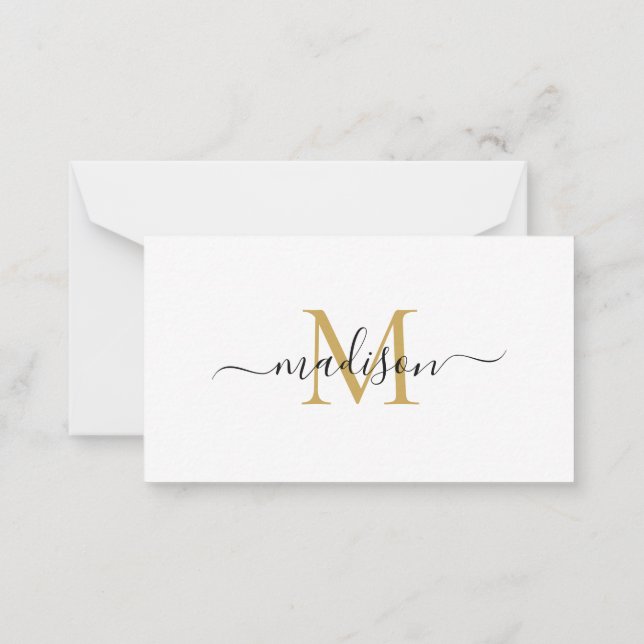 Minimalist Elegant Chic Monogram Script Black Gold Card (Back)
