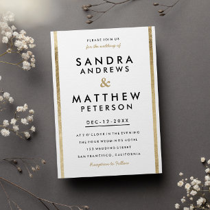 Minimalist Elegant Chic White Gold Stripes Wedding Invitation